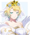  1girl aqua_eyes bare_shoulders blonde_hair blue_flower blue_hair breasts bridal_veil bride bride_(fire_emblem) closed_mouth collarbone commentary_request dress earrings fire_emblem fire_emblem_heroes fjorm_(fire_emblem_heroes) flower gradient_hair hair_between_eyes hair_flower hair_ornament jewelry looking_at_viewer medium_breasts multicolored_hair open_eyes rem_sora410 short_hair smile solo veil wedding_dress white_dress 