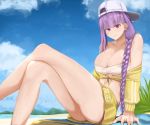  1girl absurdres ass asymmetrical_hair backwards_hat bangs bare_shoulders baseball_cap bb_(fate)_(all) bb_(swimsuit_mooncancer)_(fate) beach blue_sky braid breasts cleavage cropped_jacket crossed_legs eko.art fate/grand_order fate_(series) hat highres huge_filesize jacket knees_up large_breasts leaning_back long_hair looking_at_viewer parted_lips purple_eyes purple_hair single_braid sitting skirt sky smile solo thighs very_long_hair white_bikini_top white_headwear yellow_jacket yellow_skirt 
