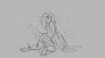  16:9 2018 anthro avian barefoot bird blush bottomwear breasts chemical clothed clothing feathers female grey_background hair kneeling monochrome nipples open_mouth shocked simple_background sketch skirt solo tail_growth topless transformation watsup wings 