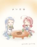  2girls ahoge artist_name bangs black_serafuku blue_hair blush chibi closed_eyes commentary_request cup eating elbow_gloves eyebrows_visible_through_hair food_in_mouth gloves hair_ribbon hairband holding holding_cup kantai_collection kawakaze_(kantai_collection) long_hair mae_(maesanpicture) multiple_girls notice_lines pillow red_hair red_ribbon ribbon samidare_(kantai_collection) school_uniform senbei serafuku simple_background sitting smile swept_bangs table thighhighs translation_request twintails very_long_hair wariza white_serafuku zettai_ryouiki 