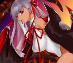  1girl bangs bare_shoulders bat_wings bb_(fate)_(all) bb_(swimsuit_mooncancer)_(fate) black_coat breasts coat dark_skin fate/grand_order fate_(series) gloves gradient gradient_background gyaru hair_ribbon large_breasts leotard long_hair looking_at_viewer neck_ribbon off_shoulder open_clothes open_coat open_mouth orange_background popped_collar purple_eyes purple_hair red_eyes red_ribbon ribbon shimaneko_(pixiv71285774) smile solo tan tentacles vampire_costume very_long_hair white_gloves white_leotard wings 