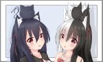  2girls :&lt; :3 absurdres alice_mana alice_mana_channel animal animal_ear_fluff animal_ears animal_on_head bangs bare_shoulders black_hair cat_ears chisuzu_mei closed_mouth commentary_request crossover dress drop_shadow eyebrows_visible_through_hair fang hair_between_eyes hair_ribbon highres long_hair multicolored_hair multiple_girls nagato-chan on_head one_side_up open_mouth paryi_project red_eyes red_ribbon ribbon shirt sleeveless sleeveless_dress two-tone_hair upper_body v-shaped_eyebrows virtual_youtuber white_dress white_hair white_shirt 