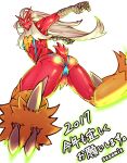  2017 anus barely_visible_anus barely_visible_genitalia bikini blaziken blue_eyes butt chest_tuft clothed clothing feather_tuft feathers looking_at_viewer looking_back male muscular muscular_male nintendo pok&eacute;mon pok&eacute;mon_(species) red_feathers sasamix scutes simple_background skimpy sling_bikini solo swimwear tan_feathers tuft video_games white_background yellow_feathers 