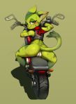  anthro blush bottomless carol_tea clothed clothing felid feline felis female freedom_planet fur green_eyes green_fur hi_res hushigi_ontua looking_back mammal motorcycle pussy scarf solo vehicle video_games wildcat 