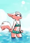  2019 anthro arctic_fox bikini canid canine cheek_tuft clothed clothing disney elbow_tufts female flat_chested fox fuel_(artist) half-closed_eyes head_tuft hi_res looking_at_viewer mammal midriff navel partially_submerged simple_background sky skye_(zootopia) smile solo standing sun swimwear teal_eyes tuft water zootopia 