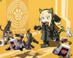  1girl animal_ears blonde_hair boots cat cat_ear_headphones cat_ears cat_tail character_name chibi circle_a crying dinergate_(girls_frontline) girls_frontline green_eyes gun headphones ladder shadow steyr_tmp submachine_gun tail theft tmp_(girls_frontline) weapon 