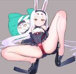  1girl animal_ears ass azur_lane bikini_bottom black_dress black_footwear black_jacket blush breasts brown_eyes bunny_ears cameltoe covered_navel dress grey_background hairband highres jacket knee_up legs long_hair looking_at_viewer lying off_shoulder on_back partially_visible_vulva pillow presenting red_bikini_bottom shimakaze_(azur_lane) shoes short_dress simple_background small_breasts solo spread_legs swimsuit swimsuit_under_clothes very_long_hair white_hair 