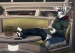  beverage black_fur book canid canine canis clothing coffee female fur grey_fur hi_res hoodie legwear lovepuma69 mammal mellow_(character) reading science_fiction sitting solo stockings wolf 