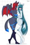  anthro blush breast_squish breasts clothing collar demon duo eeveelution feet female female/female full-length_portrait glaceon hair hi_res legwear lingerie long_hair looking_away membranous_wings multicolored_hair nintendo pok&eacute;mon pok&eacute;mon_(species) portrait razplus simple_background smile squish thigh_highs two_tone_hair video_games wings 