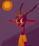  2019 ambiguous_gender antelope anthro bovid clothed clothing facial_markings fuel_(artist) fuel_(character) gazelle horn looking_at_viewer mammal markings purple_background simple_background solo sun 