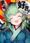  1girl absurdres blush bow closed_eyes dragon_horns eyebrows_visible_through_hair facing_viewer fate/grand_order fate_(series) green_hair highres horns huge_filesize japanese_clothes kimono kiyohime_(fate/grand_order) long_hair nichigeckoh open_mouth sidelocks smile solo 
