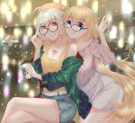  2girls absurdres alternate_costume bangs bare_shoulders belt blonde_hair blouse blue_eyes blurry blurry_background board_game breasts coffee_cup commentary cup disposable_cup fate/grand_order fate_(series) frilled_shirt_collar frills glasses go grin highres jacket jeanne_d&#039;arc_(alter)_(fate) jeanne_d&#039;arc_(fate) jeanne_d&#039;arc_(fate)_(all) large_breasts long_hair long_sleeves multiple_girls sd4869 short_hair shorts silver_hair sitting skirt smile tank_top tongue tongue_out tsurime yellow_eyes 