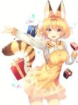  1girl absurdres adapted_costume animal_ears animal_ears_(artist) blonde_hair blush bow bowtie brown_hair commentary_request cowboy_shot dress eyebrows_visible_through_hair fang food gift highres japari_bun kemono_friends long_sleeves multicolored_hair open_mouth outstretched_arm print_dress print_neckwear serval_(kemono_friends) serval_ears serval_print serval_tail shirt short_hair solo tail white_hair white_shirt yellow_dress yellow_eyes 