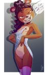 2019 anthro black_nose bottomless breasts brown_fur brown_hair clothed clothing dialogue english_text female fur grin hair hi_res legwear mammal mostly_nude navel nipples penny_(ceeb) pussy sicmop smile solo teenager text thigh_highs ursid young 