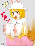  3:4 absurd_res anthro assisted_exposure big_breasts blonde_hair blush breasts carrot_(one_piece) clothing emanata female fur hair hi_res kate_(artist) lagomorph leporid mammal minkmen_(one_piece) motion_blur nipples one_piece rabbit red_eyes surprise wardrobe_malfunction white_fur 