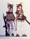 2girls antenna_hair battle_rifle black_bikini_top breasts brown_footwear brown_hair closed_mouth collarbone commentary_request dual_persona eyebrows_visible_through_hair girls_frontline gun highres holding holding_gun holding_weapon large_breasts loafers long_hair long_sleeves looking_at_viewer m14 m14_(girls_frontline) multiple_girls off_shoulder parted_lips pleated_skirt rifle shoes skirt sneakers standing teeth thighhighs twintails warashi weapon white_legwear yellow_eyes 