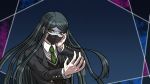  1boy androgynous black_hair black_jacket black_sweater collared_shirt danganronpa floating_hair green_eyes green_neckwear hand_on_own_cheek jacket long_hair long_sleeves looking_at_viewer male_focus mask necktie new_danganronpa_v3 official_alternate_costume official_style open_clothes open_jacket school_uniform shinguuji_korekiyo shiny shiny_hair shirt solo sweatdrop sweater upper_body very_long_hair white_shirt wing_collar yumaru_(marumarumaru) 