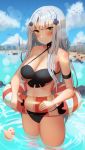  1girl bangs bikini bird black_bikini blue_sky blunt_bangs blurry blurry_background blush breasts cityscape cleavage cloud day eyebrows_visible_through_hair facial_mark girls_frontline green_eyes hair_ornament highres hk416_(girls_frontline) innertube large_breasts long_hair looking_at_viewer miamuly navel outdoors silver_hair sky smile solo stomach swimsuit teardrop very_long_hair wading 