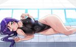 blush breasts green_eyes highleg highleg_swimsuit highres large_breasts long_hair love_live! love_live!_school_idol_project lying on_side one-piece_swimsuit one_eye_closed purple_hair swimsuit tem10 tile_floor tiles toujou_nozomi 