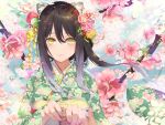  1girl animal_ear_fluff animal_ears black_hair cat_ears cherry_blossoms floral_print flower gradient_hair green_kimono hair_between_eyes highres holding_hands japanese_clothes kashiwazaki_shiori kimono long_sleeves looking_at_viewer multicolored_hair nail_polish petals pink_flower pink_nails princess_connect! princess_connect!_re:dive print_kimono silver_hair smile two-tone_hair upper_body waterring yellow_eyes 
