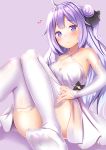  1girl ahoge armpits ass azur_lane bare_shoulders blush breasts closed_mouth collarbone convenient_leg criss-cross_halter detached_sleeves dress feet hair_bun halterneck highres knees_together_feet_apart knees_up long_hair looking_at_viewer medium_breasts no_shoes one_side_up purple_background purple_eyes purple_hair simple_background sitting solo thighhighs unicorn_(azur_lane) white_dress white_legwear yuano 