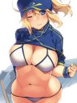  1girl artoria_pendragon_(all) baseball_cap bikini blonde_hair blue_eyes blue_headwear blue_jacket breasts cleavage commentary cropped_jacket fate/grand_order fate_(series) hair_between_eyes hair_through_headwear hat highres jacket kuronyan large_breasts mysterious_heroine_xx_(foreigner) navel one_eye_closed ponytail shrug_(clothing) simple_background smile solo swimsuit white_background white_bikini wristband 