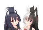  2girls :&lt; :3 absurdres alice_mana alice_mana_channel animal animal_ear_fluff animal_ears animal_on_head bangs bare_shoulders black_hair cat_ears chisuzu_mei closed_mouth crossover dress drop_shadow eyebrows_visible_through_hair fang hair_between_eyes hair_ribbon highres long_hair multicolored_hair multiple_girls nagato-chan on_head one_side_up open_mouth paryi_project red_eyes red_ribbon ribbon shirt simple_background sleeveless sleeveless_dress two-tone_hair upper_body v-shaped_eyebrows virtual_youtuber white_background white_dress white_hair white_shirt 