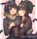  2girls :d akizone animal_ear_request animal_ears arm_grab bangs black_choker black_hair black_headwear blonde_hair blue_eyes blush breasts character_request choker collarbone commentary commission earrings english_commentary final_fantasy final_fantasy_xiv freckles hair_between_eyes hairband hat heart jacket jewelry large_breasts long_sleeves looking_at_another multicolored_hair multiple_girls necklace one_eye_closed open_mouth red_heart short_hair smile spoken_blush tail two-tone_hair 