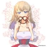  1girl alternate_costume bangs blue_eyes blush breasts cleavage commentary dirndl eyebrows_visible_through_hair floral_background flower_request food german_clothes girls_und_panzer half-closed_eyes highres holding holding_food itsumi_erika long_hair looking_at_viewer medium_breasts namatyoco off-shoulder_shirt off_shoulder pretzel red_skirt shirt short_sleeves silver_hair skirt solo standing twitter_username underbust upper_body white_shirt 
