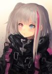  1girl artist_name backpack bag bangs black_jacket blue_eyes blush brown_background commentary_request girls_frontline gradient gradient_background grey_hair heterochromia highres jacket long_hair long_sleeves mdr_(girls_frontline) multicolored_hair nekojita_(ika_neko46) open_mouth pink_eyes pink_hair shiny shiny_hair signature simple_background solo streaked_hair two-tone_hair upper_body 