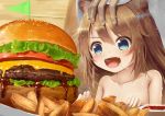  1girl :d animal_ear_fluff animal_ears blue_eyes blush brown_hair cat_ears cat_girl cheese collarbone commentary_request drooling fang flag food food_request hamburger ketchup lettuce long_hair nude open_mouth original petting psyche3313 sauce sesame_seeds smile solo_focus table tomato wet 