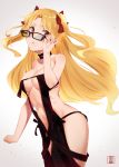  1girl adjusting_eyewear bangs bare_shoulders black_dress blonde_hair blush breasts collarbone commentary_request consort_yu_(fate) consort_yu_(fate)_(cosplay) cosplay dress ereshkigal_(fate/grand_order) eyebrows_visible_through_hair fate/grand_order fate_(series) glasses hair_between_eyes hair_ribbon holding holding_eyewear long_hair looking_at_viewer medium_breasts murio open_mouth parted_bangs red_ribbon revealing_clothes ribbon simple_background solo standing strapless strapless_dress two_side_up very_long_hair white_background 