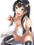  1girl absurdres agano_(kantai_collection) bangs bare_shoulders between_legs black_hair blush breasts cleavage collarbone competition_swimsuit eureka_(eureka-0075) eyebrows_visible_through_hair green_eyes hand_between_legs hand_up highres kantai_collection large_breasts long_hair looking_at_viewer one-piece_swimsuit open_mouth sidelocks signature sitting smile solo swimsuit thighhighs twitter_username 
