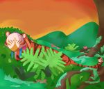  2018 ambiguous_gender apex_(artist) eyes_closed felid feral flower forest grass hi_res jungle mammal mask moss mountain pantherine plant shrub stripes sunrise sunset tiger tree 