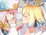  1boy 2girls blonde_hair blue_hair cape closed_eyes crown dress earrings fire_emblem fire_emblem_heroes fjorm_(fire_emblem_heroes) gradient_hair gunnthra_(fire_emblem) jewelry lipstick long_hair long_sleeves makeup multicolored_hair multiple_girls open_mouth pink_hair short_hair siblings simple_background sisters smile tiara uro_(oolong) white_hair ylgr_(fire_emblem_heroes) 