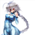 1girl ahoge bare_shoulders blazblue bodysuit breasts eyepatch gond grey_hair hands_on_own_chest large_breasts long_hair looking_at_viewer nu-13 red_eyes simple_background solo very_long_hair white_background 