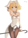  1girl alternate_costume animal_ears arm_up ass_visible_through_thighs bangs bare_shoulders blonde_hair blunt_bangs blush breasts brown_legwear bunny_ears bunnysuit cane closed_mouth collar collarbone commentary_request detached_collar dress eyebrows_visible_through_hair fake_animal_ears gochuumon_wa_usagi_desu_ka? green_eyes groin hairband hand_in_hair holding holding_cane kirima_sharo leotard pantyhose signature small_breasts smile solo strapless strapless_dress umiroku white_collar white_dress white_hairband white_leotard wing_collar wrist_cuffs 