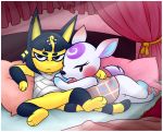  animal_crossing ankha_(animal_crossing) anthro blue_hair blush bottomless cervid clothed clothing cuddling diana_(animal_crossing) domestic_cat duo egyptian embrace featureless_crotch felid feline felis female female/female flat_chested frown fur hair looking_at_viewer mammal nintendo nukeleer spread_legs spreading video_games 