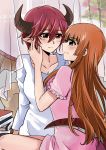 2girls absurdres anne_(shingeki_no_bahamut) blush book breasts brown_hair closed_mouth collarbone dragon_girl dragon_horns dragon_tail dragon_wings eyebrows eyebrows_visible_through_hair fei_cai_xiao_r grea_(shingeki_no_bahamut) green_eyes highres horns imminent_kiss large_breasts long_hair looking_at_another manaria_friends multiple_girls red_eyes shingeki_no_bahamut shiny shiny_hair shiny_skin short_hair smile tail wings yuri 