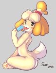  2019 3_toes animal_crossing anthro barefoot blush blush_stickers canid canine canis domestic_dog female food fur hair hi_res isabelle_(animal_crossing) mammal nintendo nude open_mouth pawpads pink_pawpads popsicle shih_tzu simple_background sitting soles solo suenbroe toes tongue toy_dog video_games yellow_fur 