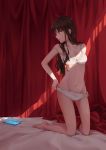  1girl acer0 barefoot bed_sheet breasts brown_hair cleavage curtains fate/extra fate_(series) full_body groin highres kishinami_hakuno_(female) kneeling long_hair medium_breasts navel off_shoulder on_bed panties panty_pull profile shiny shiny_hair solo underwear underwear_only 