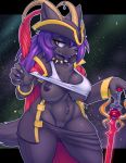  2019 anthro big_breasts breasts canid canine chest_tuft clothed clothing clothing_lift collar conditional_dnp female hair hat headgear headwear horn mammal melee_weapon navel nipples phocks_(teckworks) pirate ponytail purple_hair pussy shirt shirt_lift spiked_collar spikes starbound sword teckworks thick_thighs topwear tuft video_games weapon wide_hips 