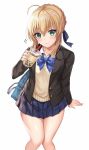  1girl ahoge artoria_pendragon_(all) bangs beige_vest black_jacket blazer blonde_hair blue_neckwear blue_skirt blush bow bowtie breasts casual collarbone collared_shirt cup eyebrows_visible_through_hair fate/stay_night fate_(series) green_eyes hair_ribbon harimoji highres holding holding_cup jacket looking_at_viewer open_clothes open_jacket pleated_skirt ribbon saber school_uniform shirt sidelocks simple_background sitting skirt smile solo sparkle white_background white_shirt 