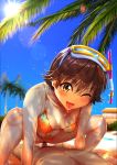  1girl absurdres bangs beach bikini bikini_aside blue_sky blurry blurry_background blush breasts brown_eyes brown_hair clothed_female_nude_male clothed_sex collarbone commentary_request covered_nipples day erection eyebrows_visible_through_hair eyewear_on_head girl_on_top goggles happy_sex highres honda_mio idolmaster idolmaster_cinderella_girls jewelry kirewisha long_hair lying male_pubic_hair medium_breasts navel necklace nude on_back one_eye_closed open_mouth orange_bikini palm_tree penis pubic_hair sex shiny shiny_hair shiny_skin short_hair sky snorkel solo_focus spread_legs squatting swimsuit tongue tongue_out tree vaginal water wet 
