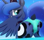  2019 blue_tail butt butt_focus clothing cutie_mark dock equid eyelashes female feral friendship_is_magic grin hi_res horn mammal my_little_pony ncmares princess_luna_(mlp) rear_view smile solo sparkles swimwear winged_unicorn wings 