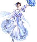  1girl artist_request bangs bare_shoulders blue_eyes breasts brown_hair dress feather_trim fire_emblem fire_emblem:_souen_no_kiseki fire_emblem_heroes flower full_body hair_ornament highres holding medium_breasts official_art shiny shiny_hair short_hair solo tanith transparent_background wedding_dress white_dress 