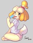  2019 3_toes animal_crossing anthro barefoot blush blush_stickers canid canine canis clothed clothing domestic_dog female food fur hair hi_res isabelle_(animal_crossing) mammal nintendo open_mouth pawpads pink_pawpads popsicle shih_tzu simple_background sitting soles solo suenbroe toes tongue toy_dog video_games yellow_fur 