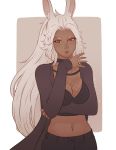  1girl animal_ears breasts bunny_ears dark_skin final_fantasy final_fantasy_xii fingernails fran jacket koyorin lips long_fingernails long_hair looking_at_viewer navel pants revealing_clothes solo white_hair 