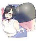  1girl ass bare_shoulders bent_over black-framed_eyewear black_hair black_skirt breasts brown_hair commentary_request glasses highres looking_at_viewer multiple_views namaniku_atk pantylines short_hair skirt smile solo thighs translation_request upper_body 