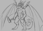  2019 anthro changeling_tale digitigrade dragon featureless_crotch grey_background hammer horn lo&#039;crav_(changeling_tale) male monochrome nude simple_background smile solo standing tools watsup wings 